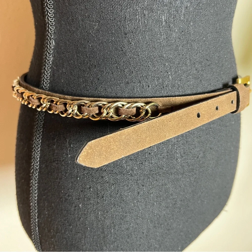 Women’s Dark Brown Suede Gold Chain Link Belt with Gold Tone Buckle Med/Large